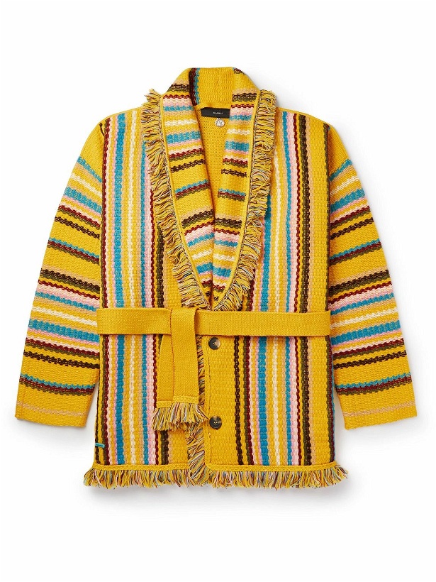 Photo: Alanui - Shawl-Collar Frayed Striped Wool Cardigan - Yellow