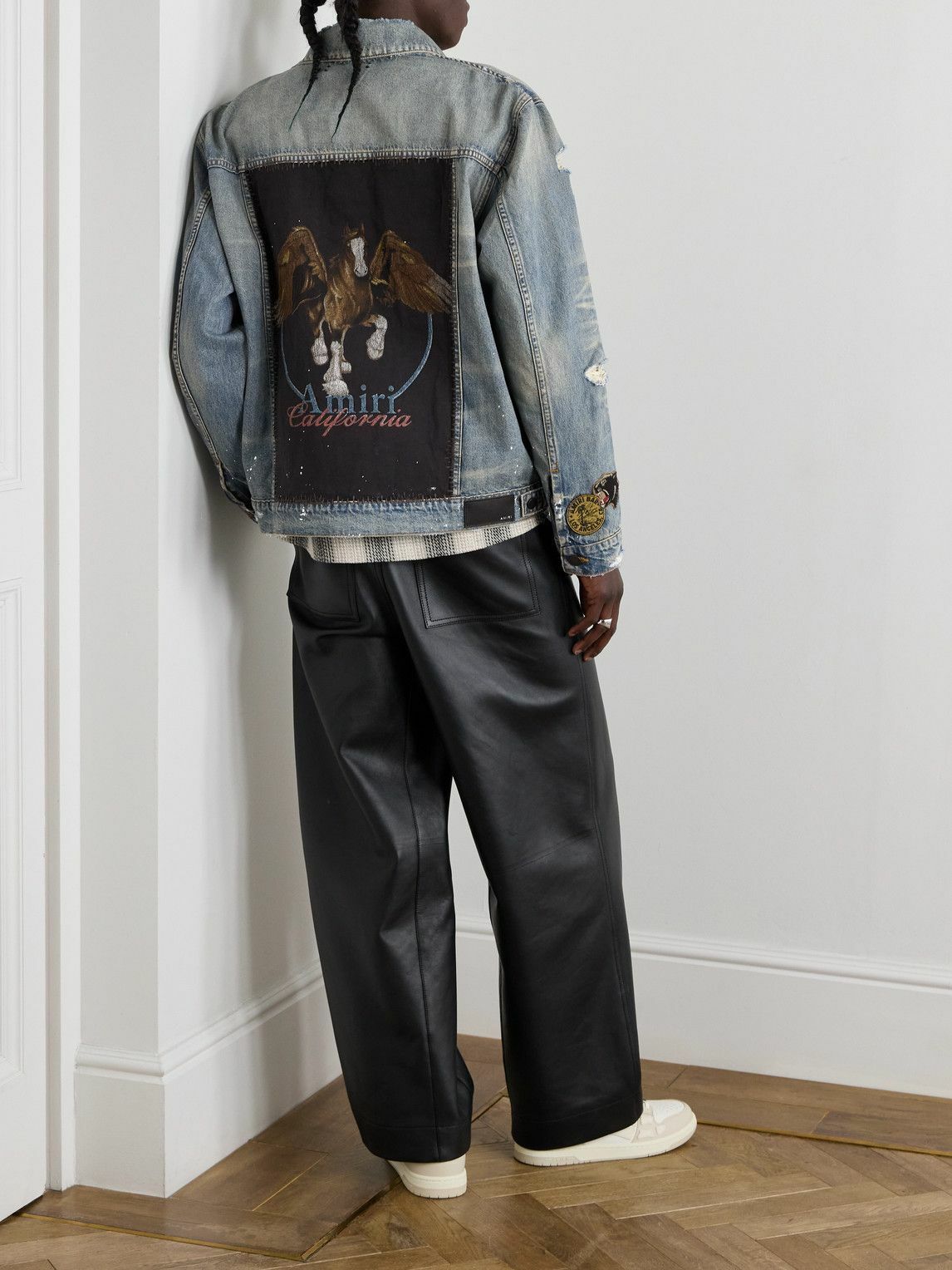 AMIRI - Vintage Pegasus Embellished Distressed Paint-Splattered Denim Trucker Jacket - Blue