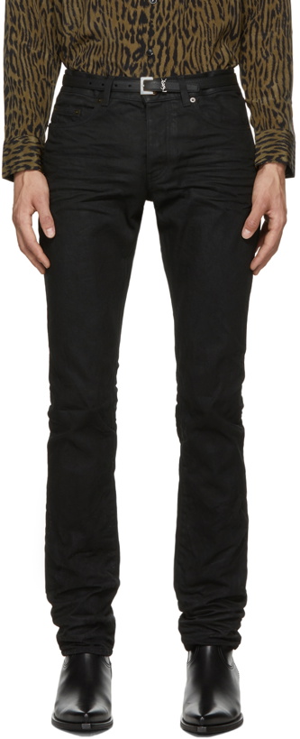Photo: Saint Laurent Black Oily Coated Slim-Fit Jeans