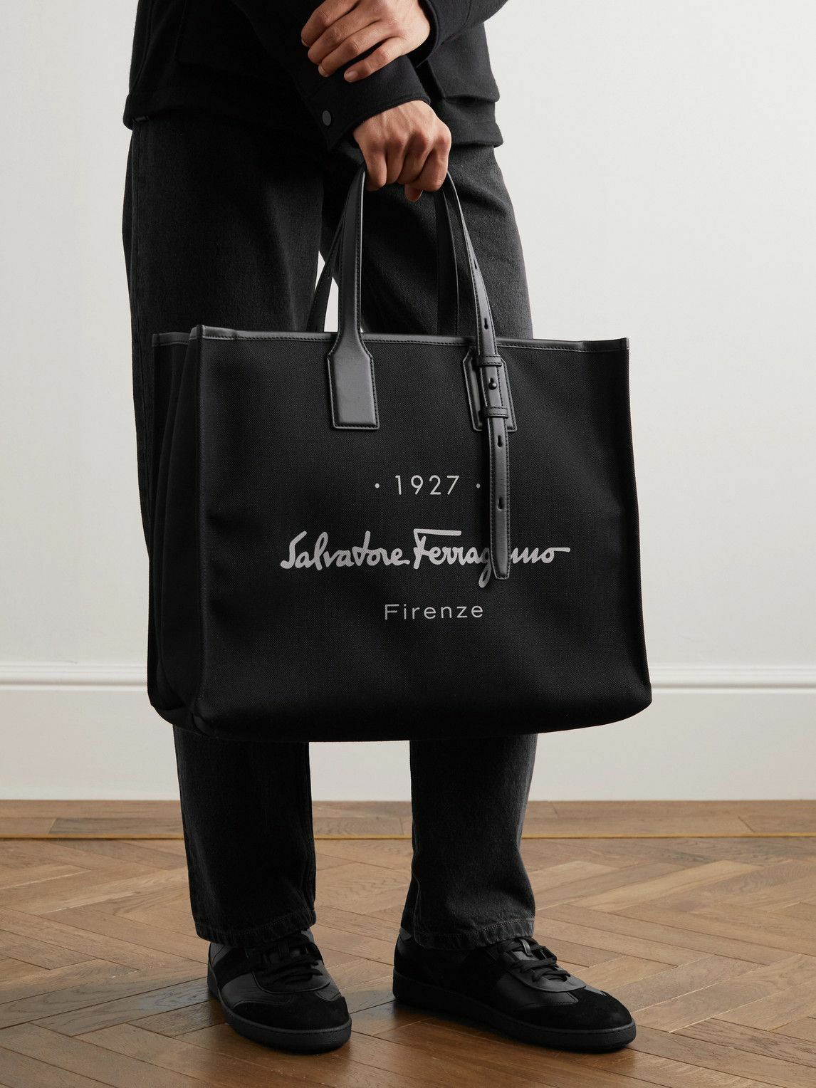 Leather-Trimmed Logo-Print Linen and Cotton-Blend Canvas Tote Bag