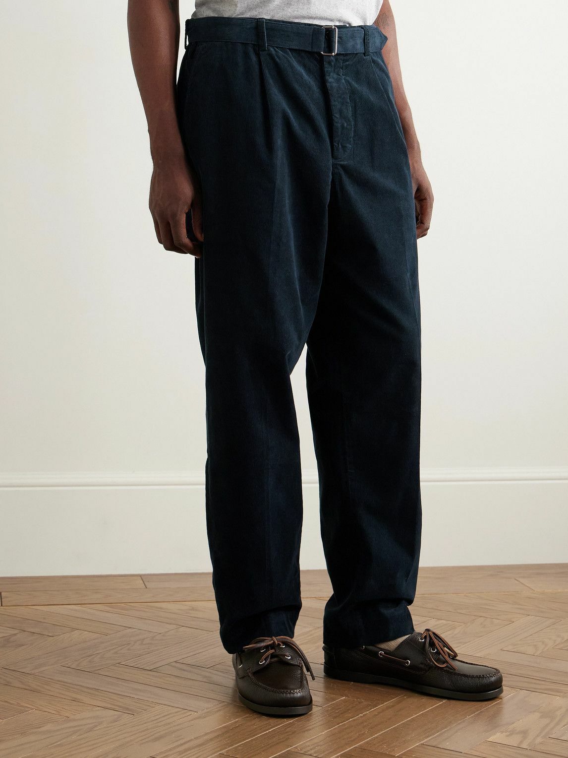 Officine Générale - Hermann Straight-Leg Belted Pleated Cotton-Blend Corduroy Chinos - Blue