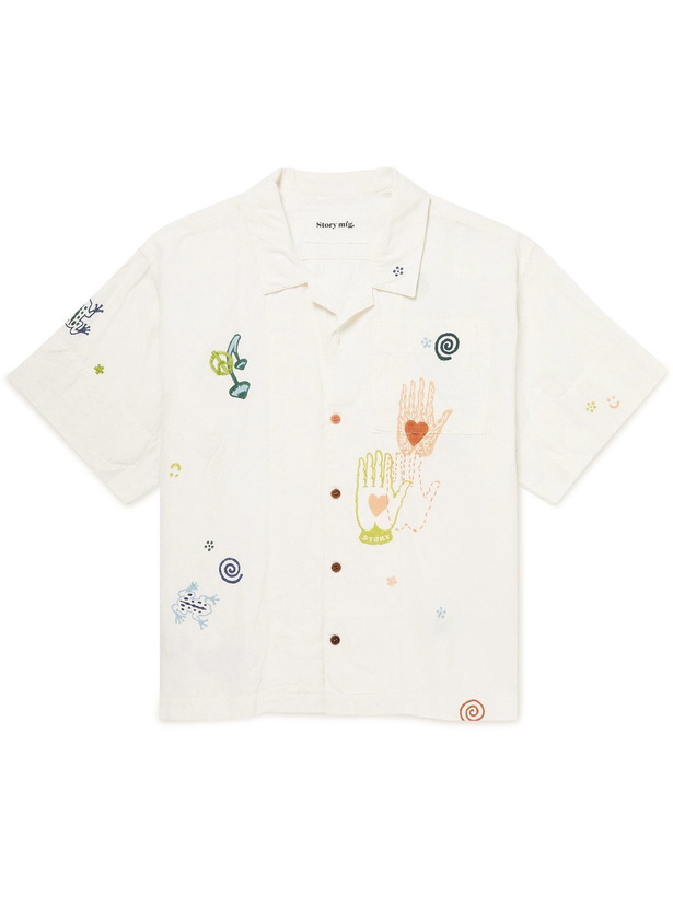 Photo: Story Mfg. - Greetings Camp-Collar Embroidered Printed Organic Cotton and Linen-Blend Shirt - White