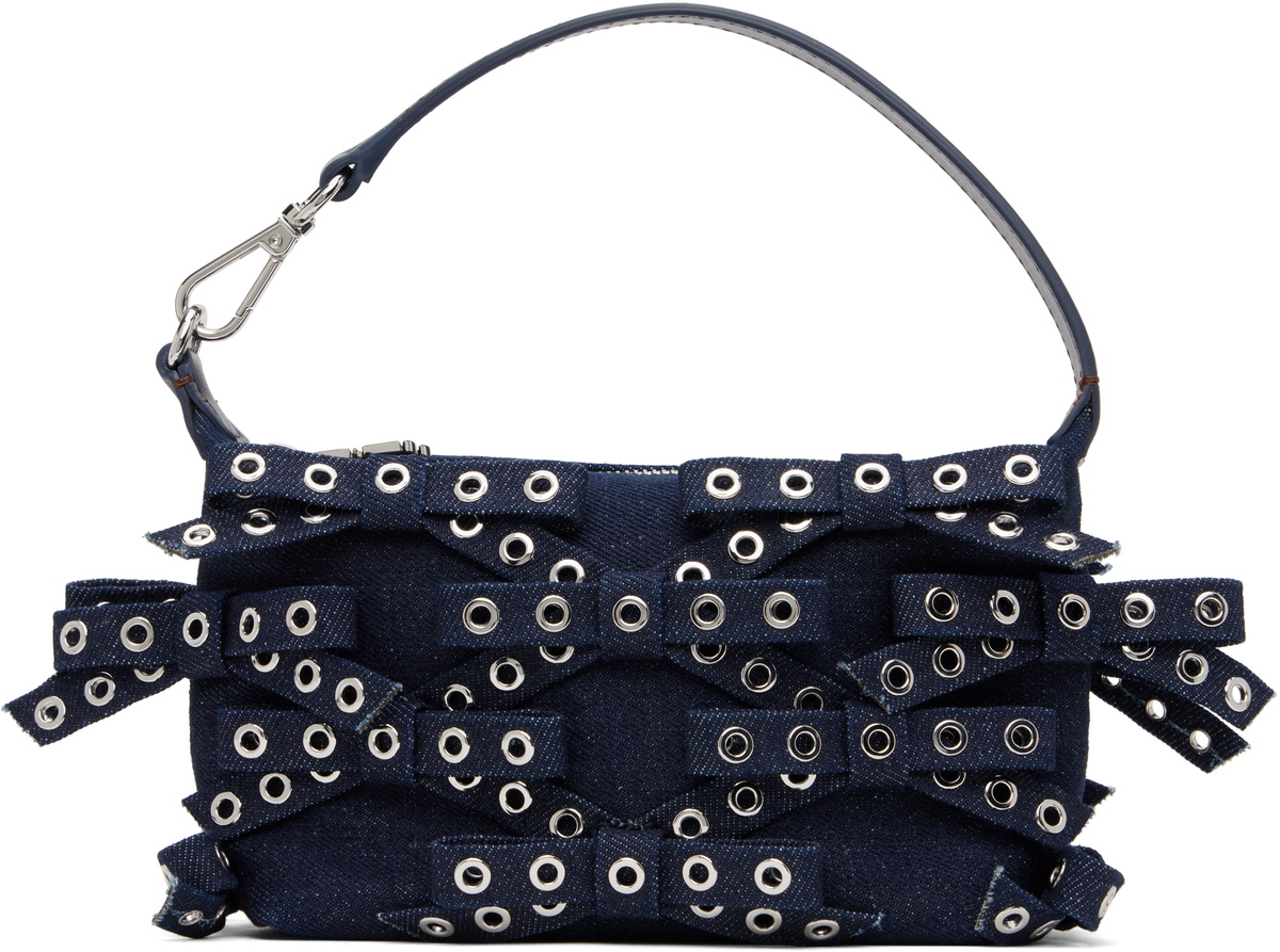 GANNI Navy Denim Small Bow Eyelet Butterfly Pouch Bag GANNI