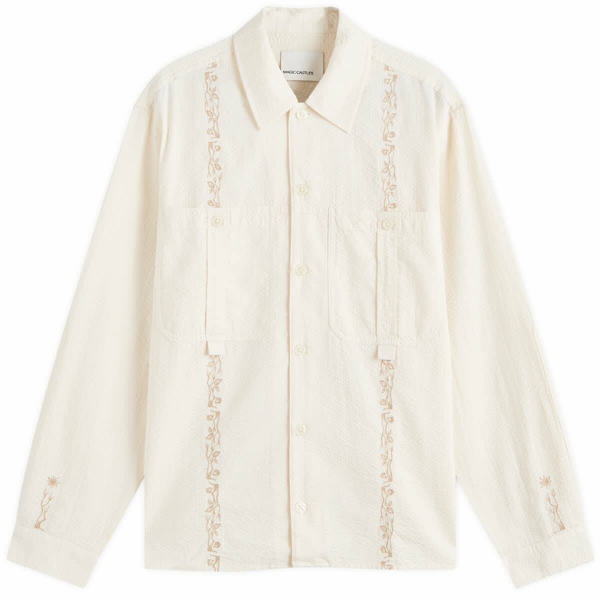 Magic Castles Men's Newell Embroidered Shirt in Ecru Seersucker