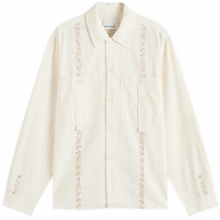 Photo: Magic Castles Men's Newell Embroidered Shirt in Ecru Seersucker
