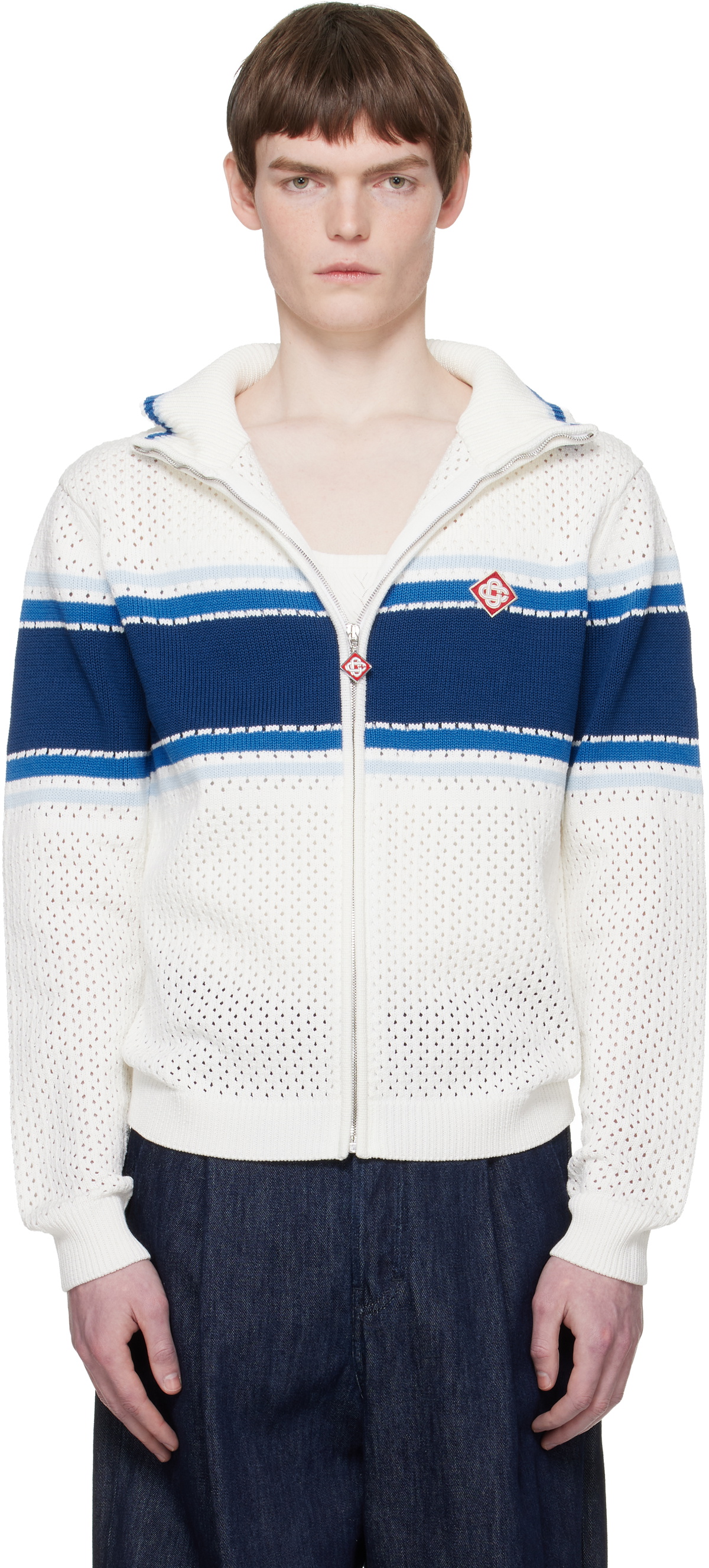 Casablanca Off-White & Blue Striped Mesh Track Jacket