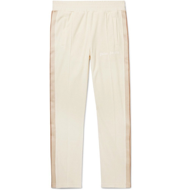 Photo: Palm Angels - Striped Webbing-Trimmed Cotton-Blend Velvet Track Pants - Off-white