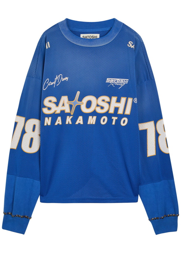 Photo: Satoshi Nakamoto Mesh Moto Logo-print Mesh Jersey T-shirt Blue