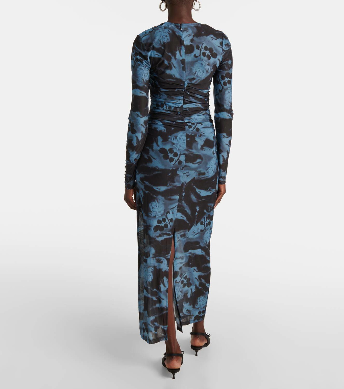 Ganni Printed ruched mesh maxi dress