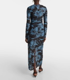 Ganni Printed ruched mesh maxi dress