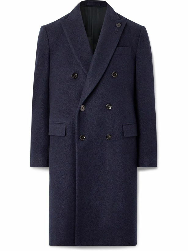 Photo: Lardini - Double-Breasted Brushed Wool-Blend Overcoat - Blue