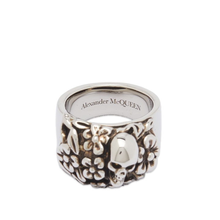 Photo: Alexander McQueen Men's Floral Skull Ring in Silver