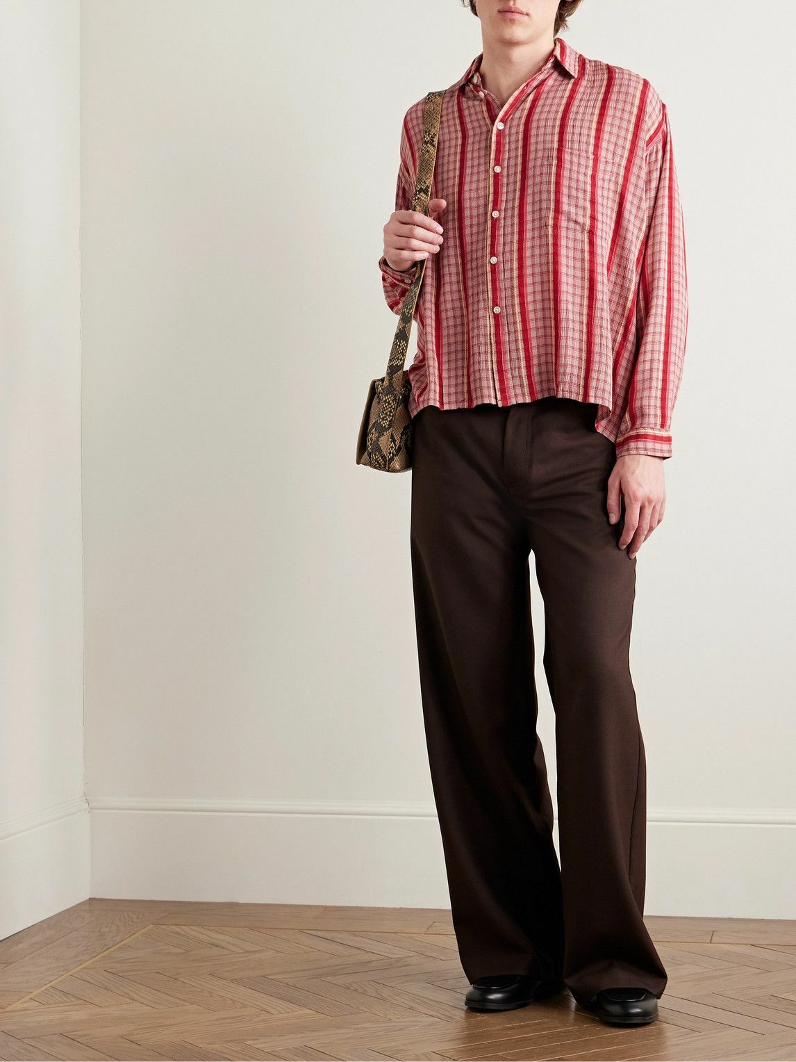 Small Talk - Striped Checked Voile Shirt - Red
