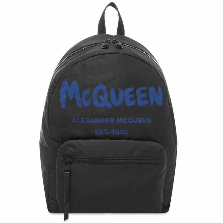 Photo: Alexander McQueen Men's Graffitti Logo Backpack in Black/Ultramarine