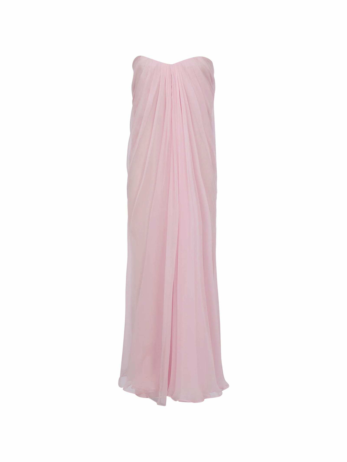 adella maxi slip rose pink lace dress McQueen Draped Sweetheart-neck Silk Maxi Dress in Pink