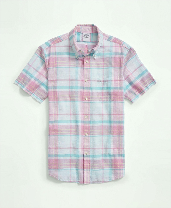 Photo: Brooks Brothers Men's Washed Cotton Madras Button-Down Collar Short-Sleeve Sport Shirt | Blue