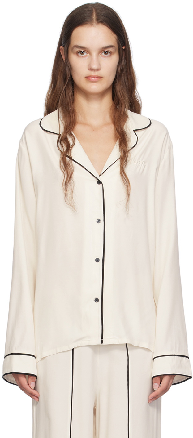 BOSS Off-White Embroidered-Logo Pyjama Shirt
