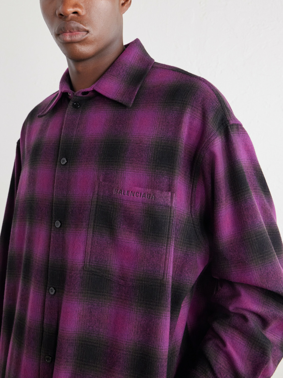 Balenciaga - Logo-Debossed Checked Wool-Blend Flannel Overshirt - Purple