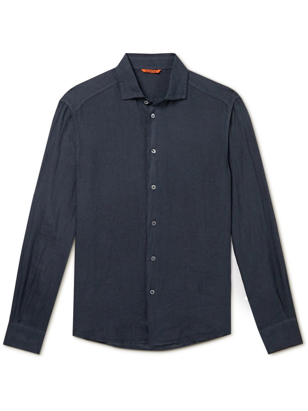 Photo: Barena - Peromo Telino Cutaway-Collar Linen Shirt - Blue