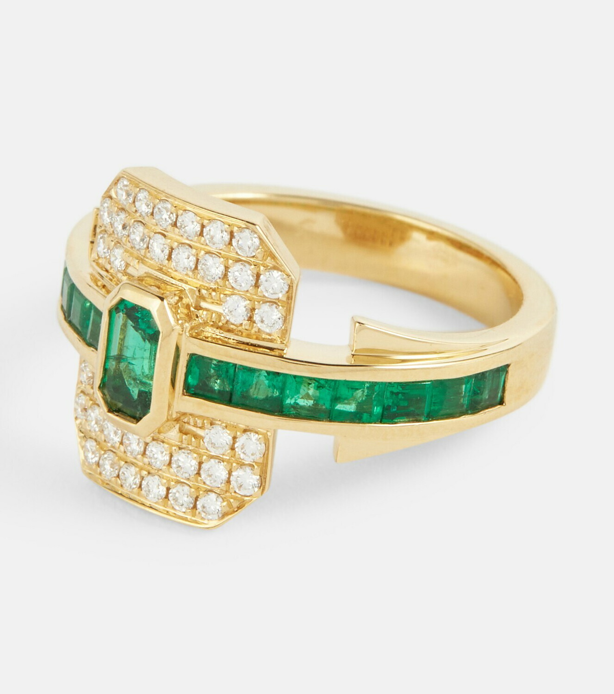 Rainbow K Shield 18kt gold ring with diamonds and emeralds