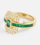Rainbow K Shield 18kt gold ring with diamonds and emeralds