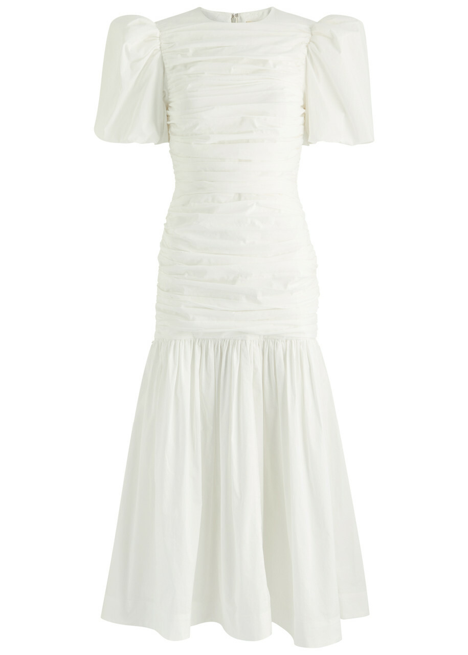 DE LA Vali Mencia Ruched Cotton Midi Dress White