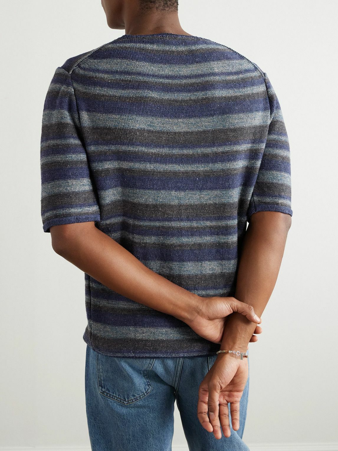 Inis Meáin - Strata Striped Knitted Linen T-Shirt - Blue