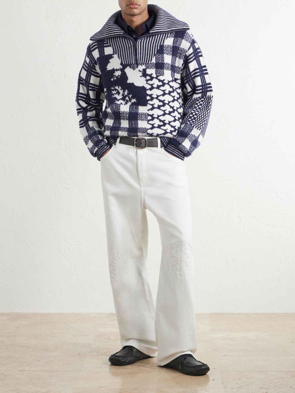 LOEWE - Checked Wool-Blend Half-Zip Sweater - Blue