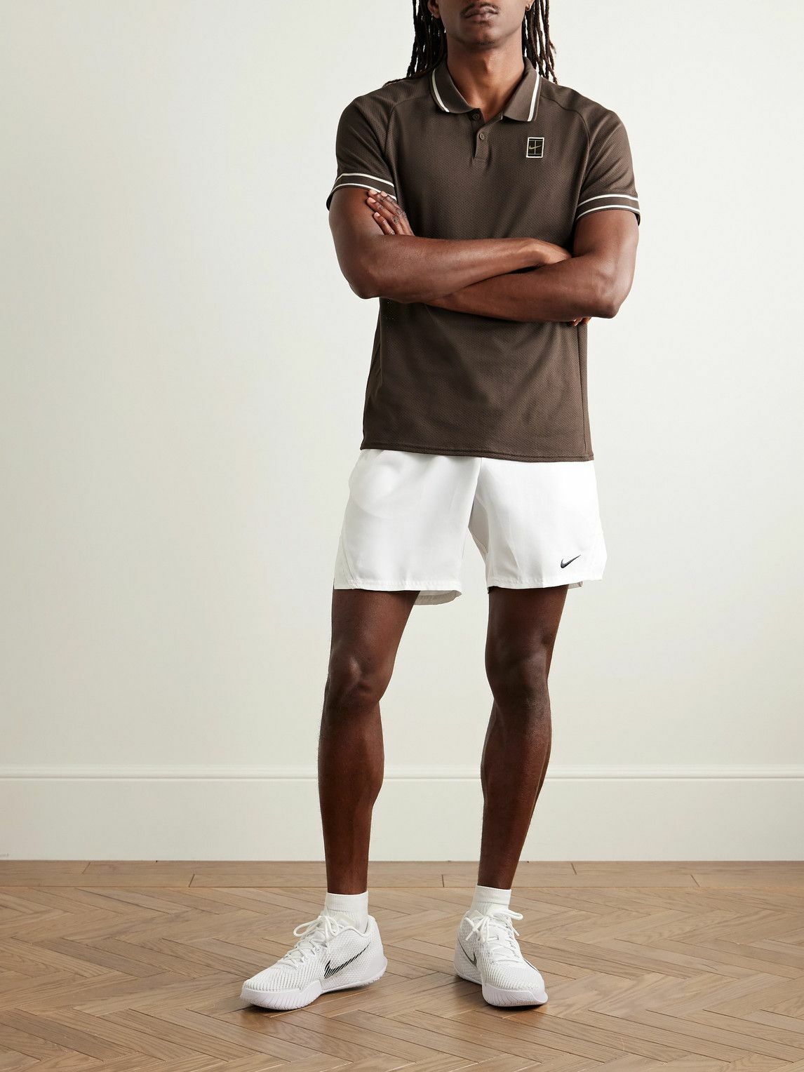 Nike Tennis - NikeCourt Heritage Logo-Appliquéd Cotton-Blend Mesh Polo Shirt - Brown