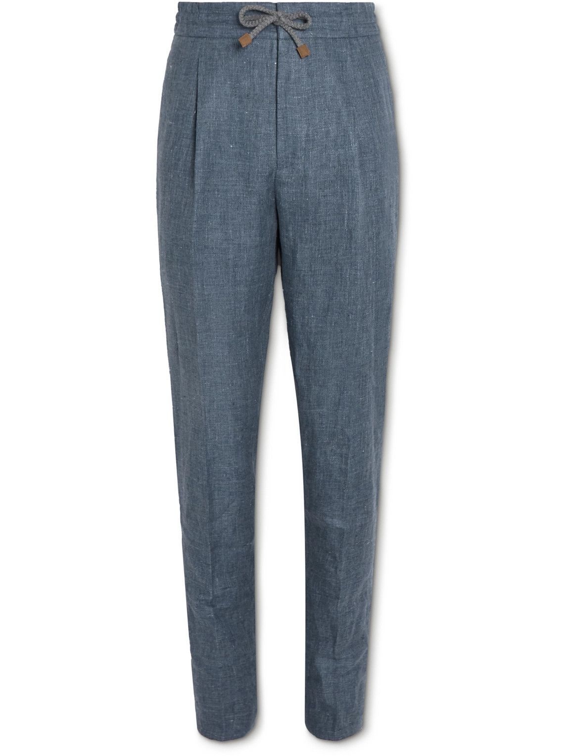 Brunello Cucinelli - Tapered Pleated Linen Drawstring Trousers - Blue ...