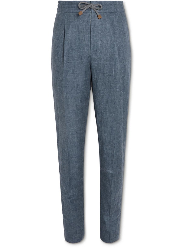 Photo: Brunello Cucinelli - Tapered Pleated Linen Drawstring Trousers - Blue