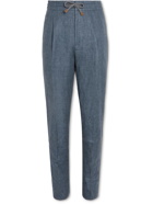 Brunello Cucinelli - Tapered Pleated Linen Drawstring Trousers - Blue