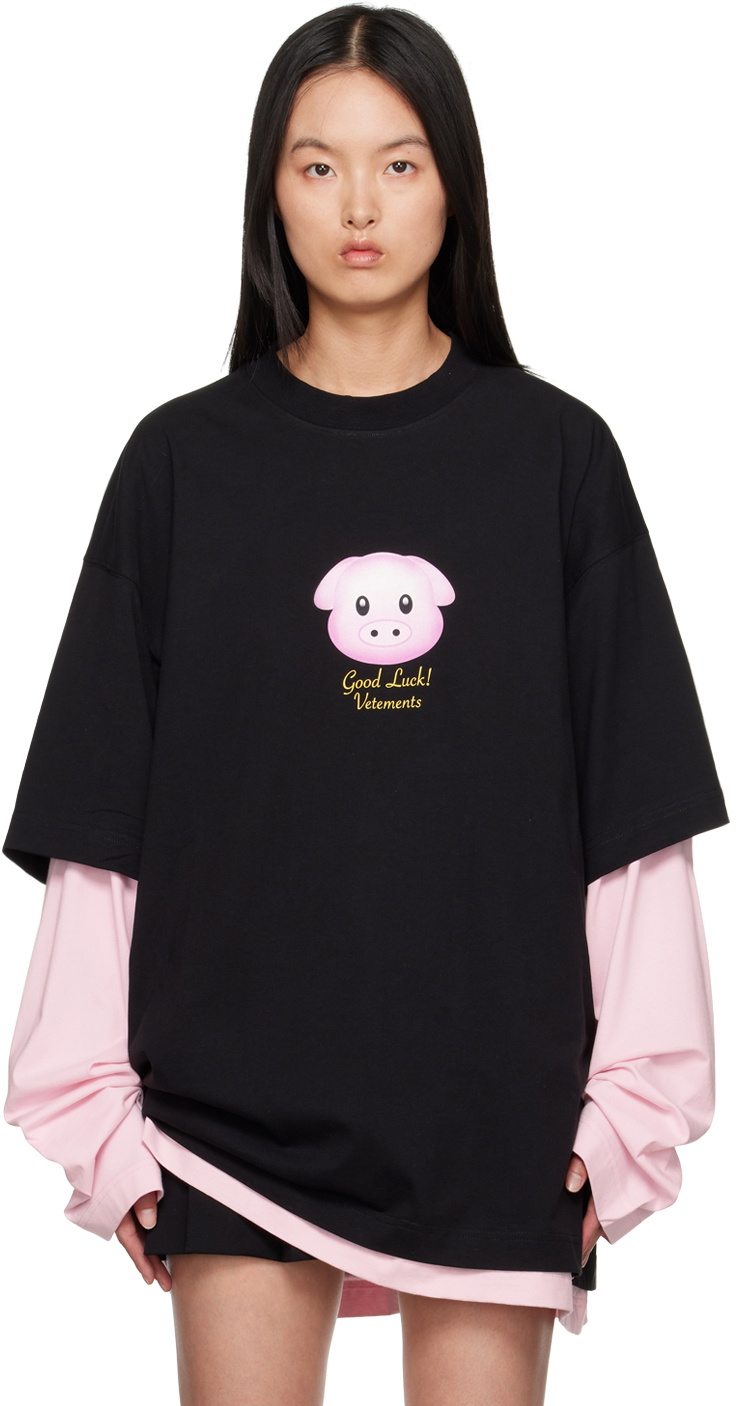 Black & Pink Lucky Pig Long Sleeve T-Shirt by VETEMENTS on Sale