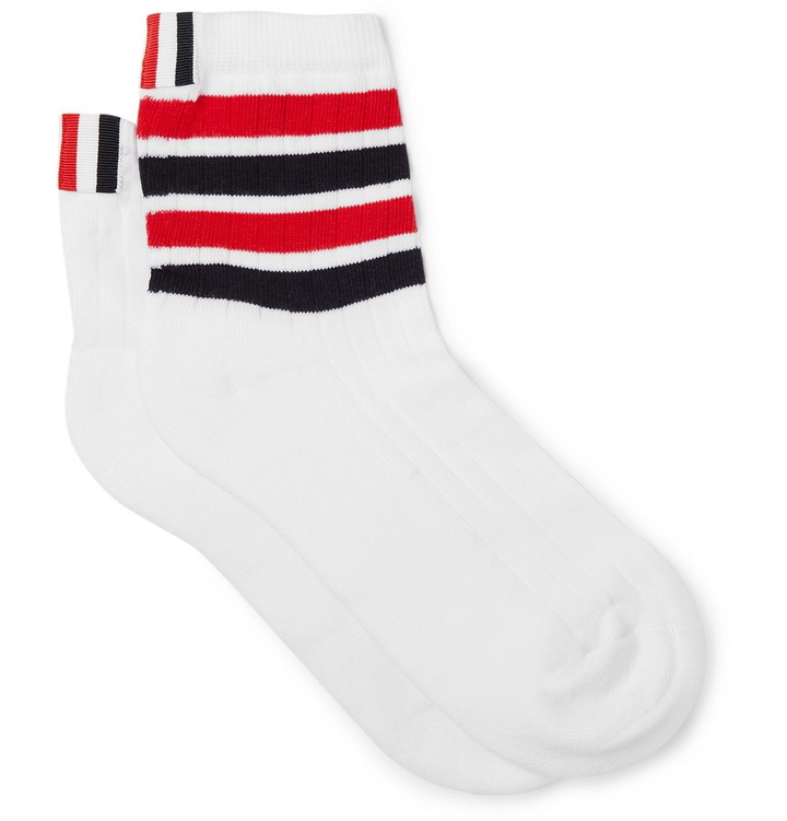 Photo: Thom Browne - Striped Cotton-Blend Socks - White