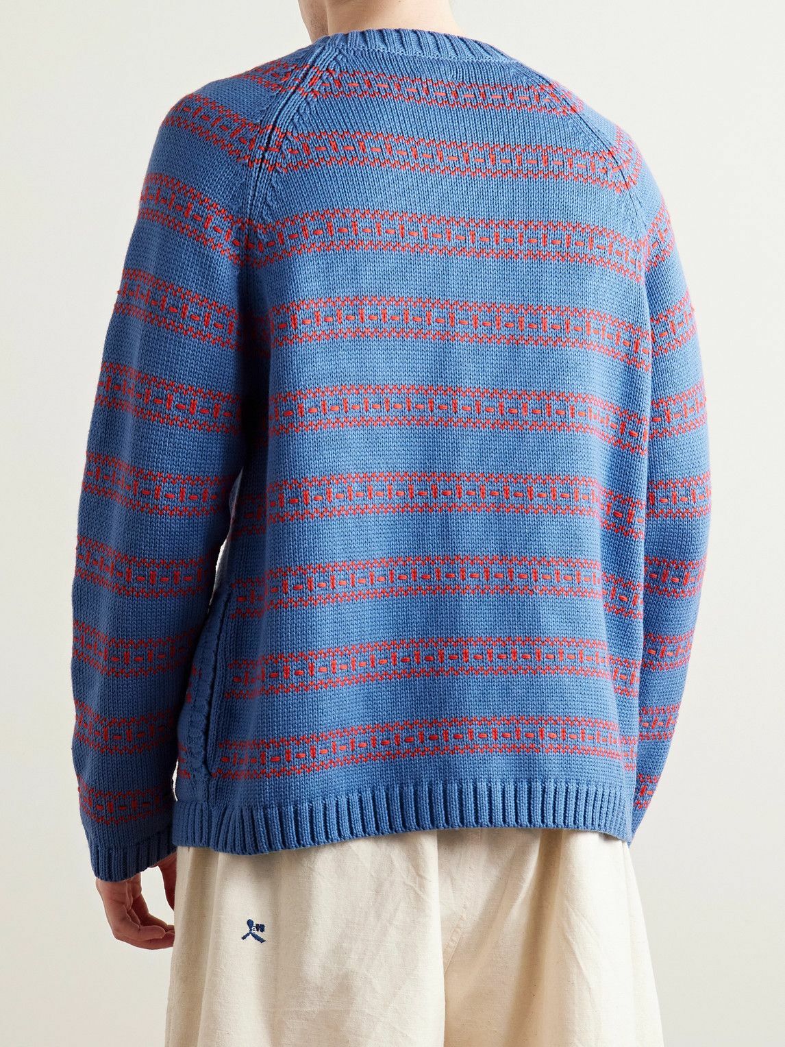 BODE - Meandering Striped Jacquard-Knit Pima Cotton and Merino Wool-Blend Cardigan - Blue
