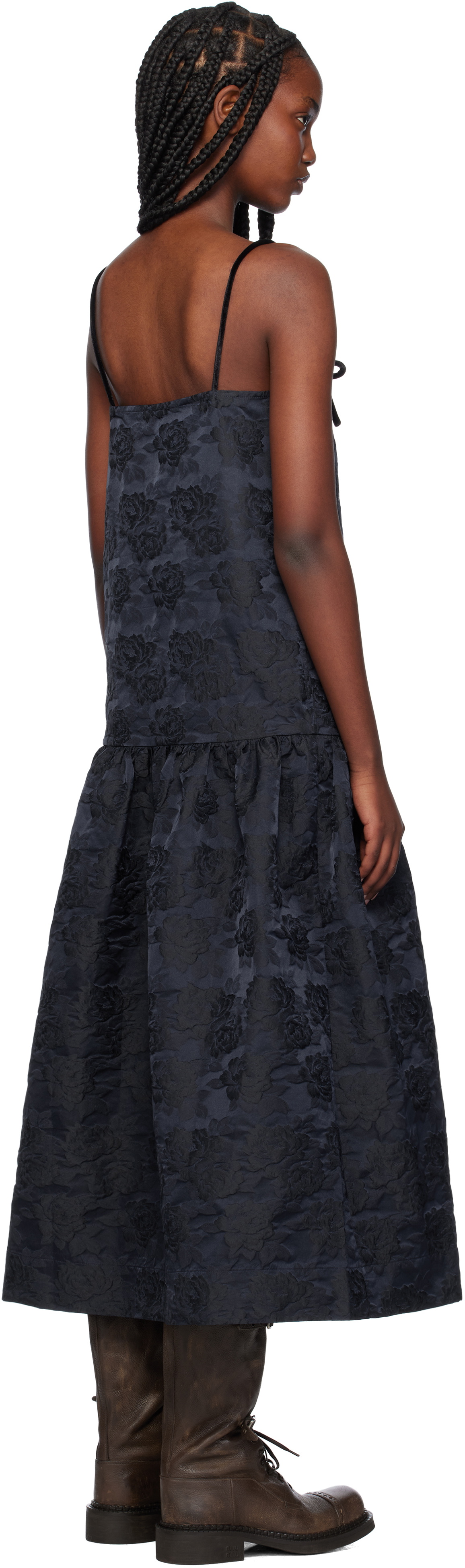 GANNI Navy Botanical Jacquard Strap Midi Dress GANNI