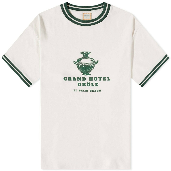 Photo: Drole de Monsieur Men's Drôle de Monsieur x Gergei Erdei Hotel Drole T-Shirt in Off White/Green