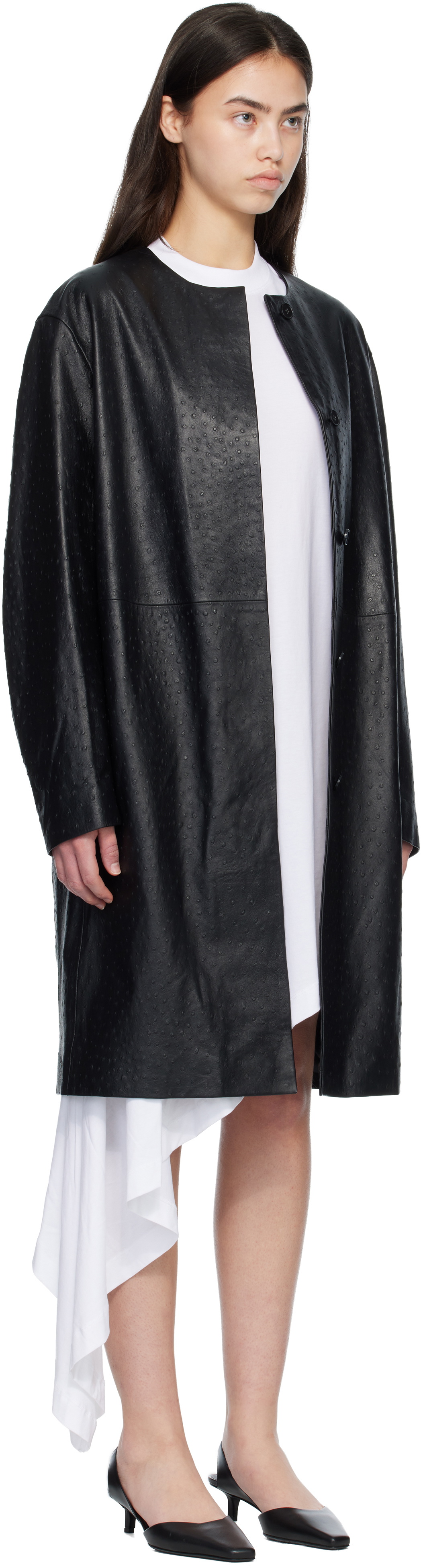 Loulou de Saison Black YARI Ostrich-Effect Leather Coat