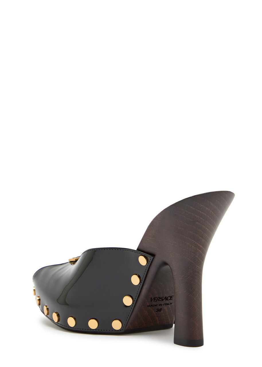 Versace 105 Stud-embellished Wooden and Patent Leather Mules Black