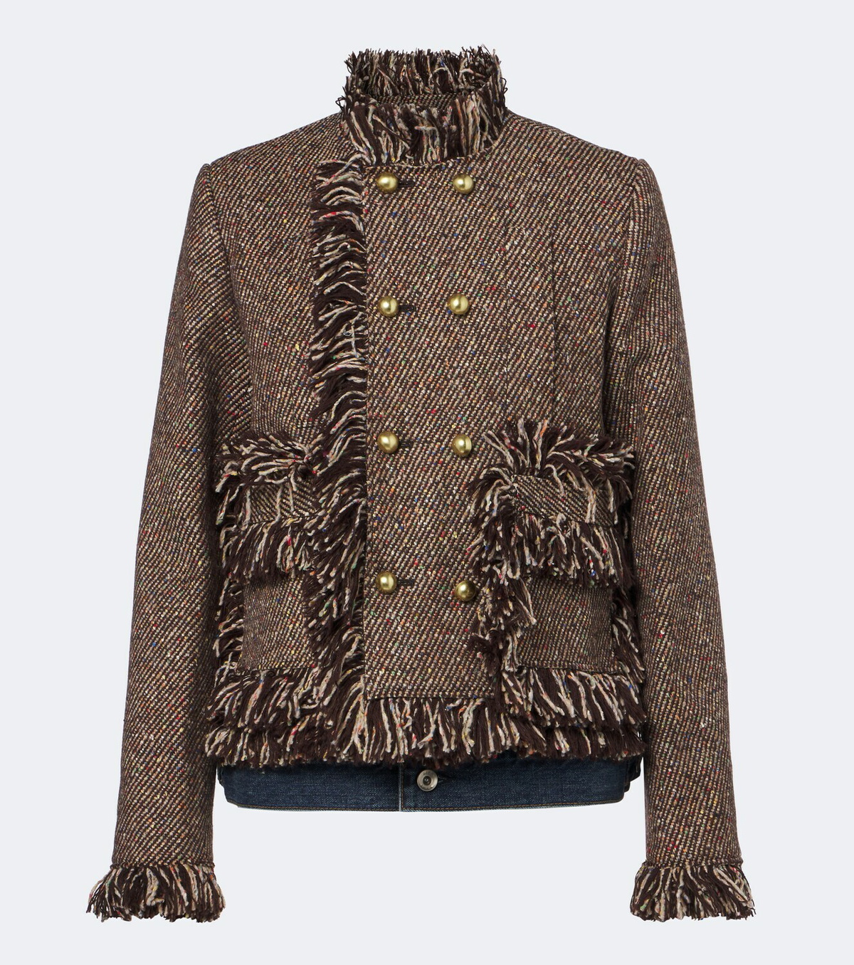 Sacai Fringed tweed and denim jacket
