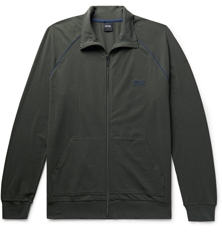 Photo: Hugo Boss - Piped Logo-Embroidered Stretch-Cotton Jersey Track Jacket - Green