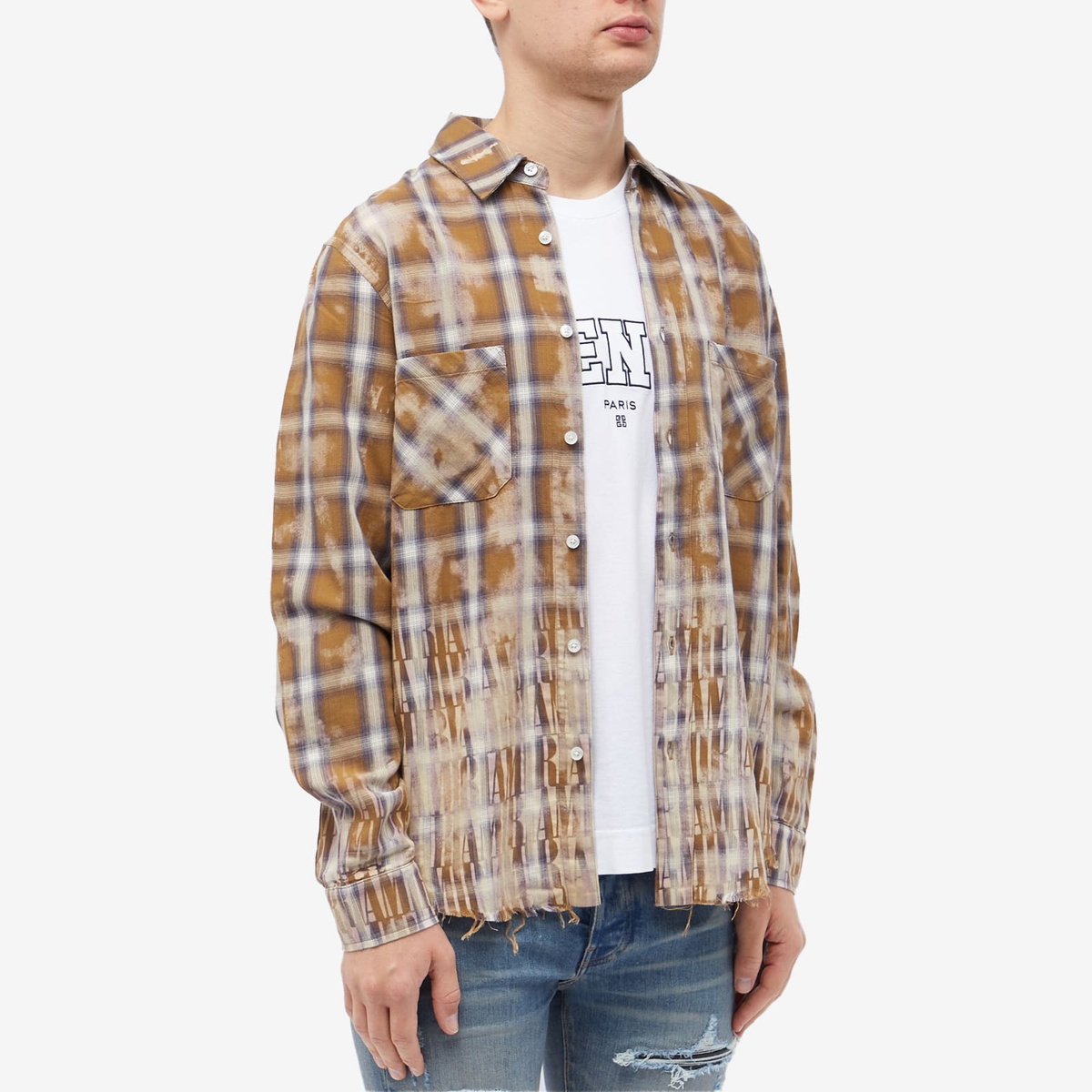 AMIRI Men's Bleach Logo Flannel Shirt in Brown Amiri