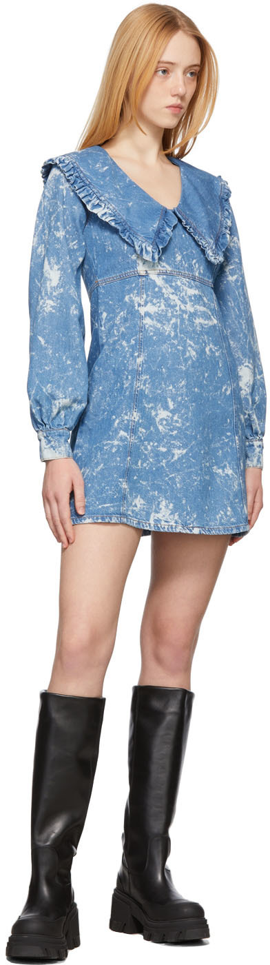 ganni puff sleeve denim dress GANNI Blue & White Denim Bleach Ruffle Mini Dress GANNI