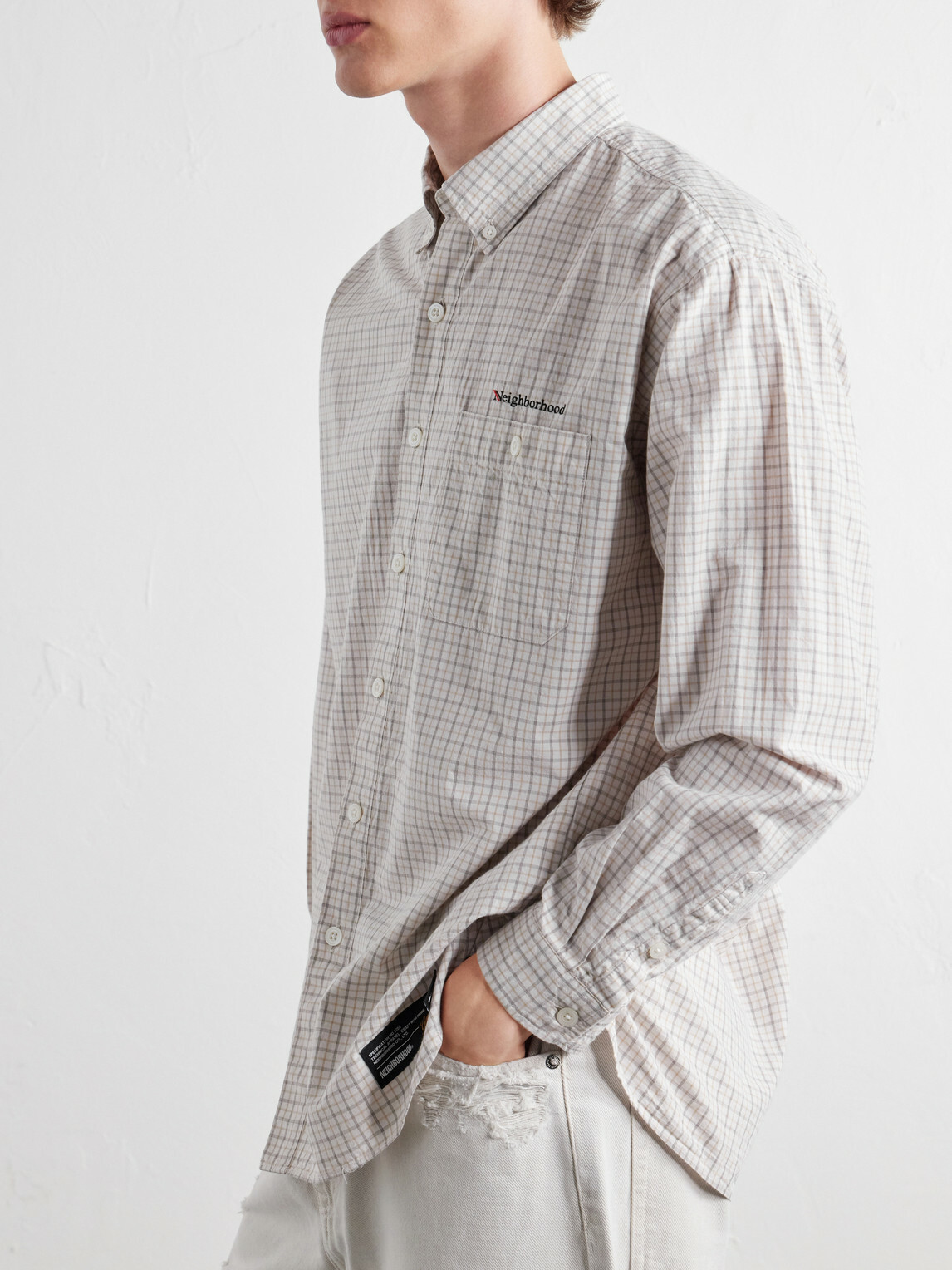 Neighborhood - Logo-Embroidered Checked Cotton-Poplin Shirt - White