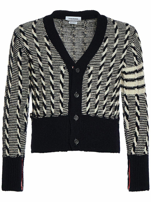 Photo: THOM BROWNE - Bicolor Twist Cable V-neck Cardigan