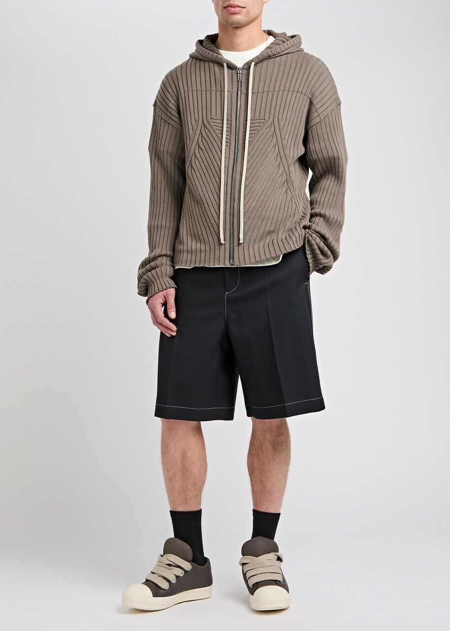 Rick Owens Maglia Ribbed Hooded Cotton Jumper Grey
