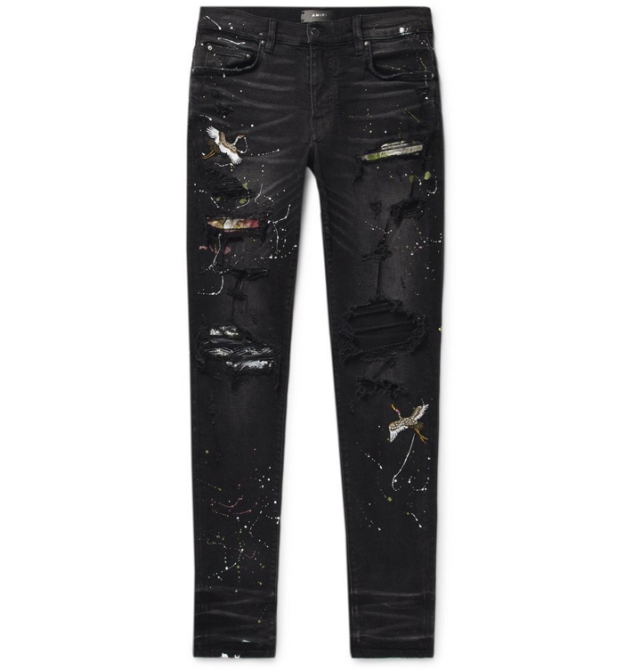 Photo: AMIRI - Skinny-Fit Appliquéd Paint-Splattered Distressed Stretch-Denim Jeans - Black
