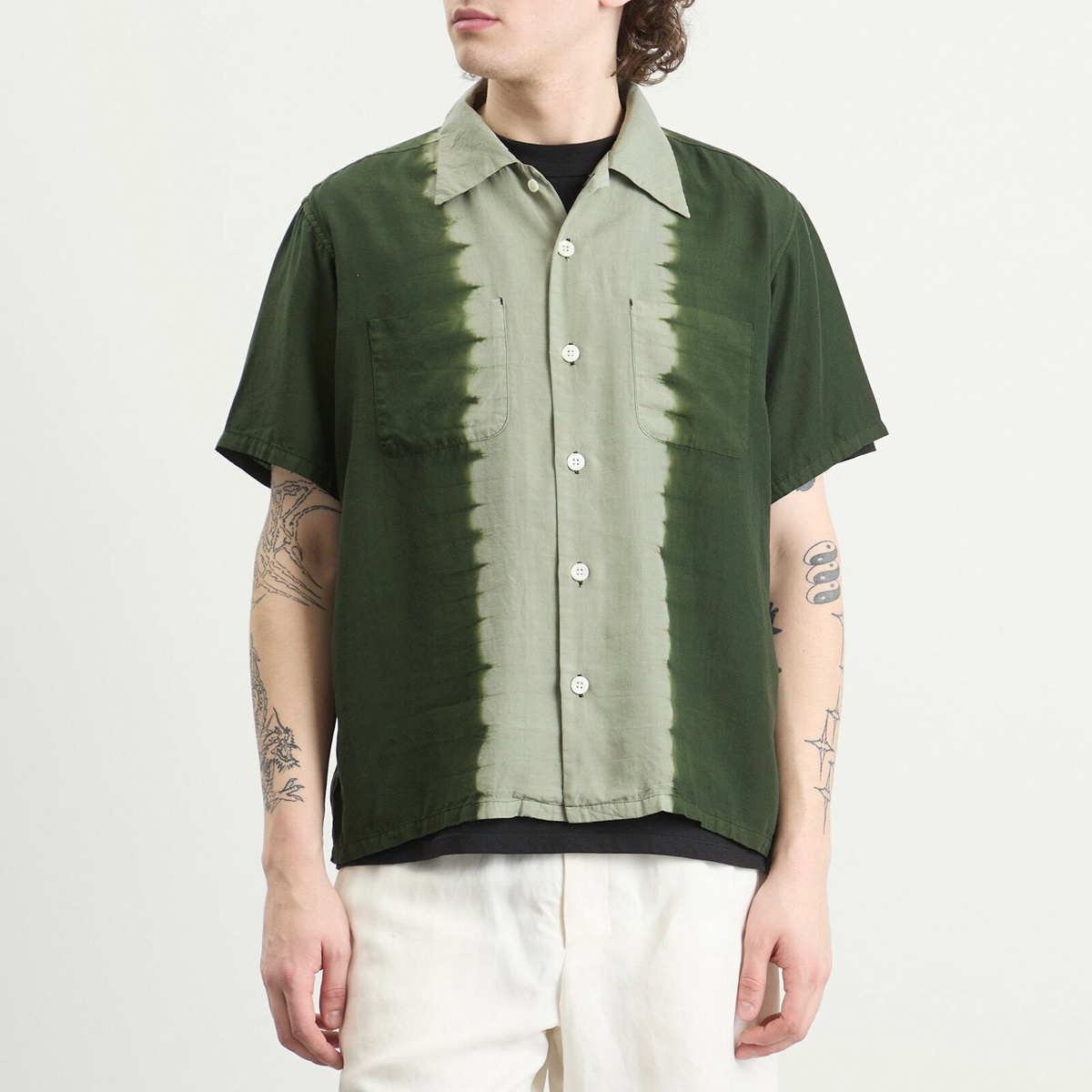 NOMARHYTHM TEXTILE Men's Hand Dye Open Collar Shirt in Forest Green