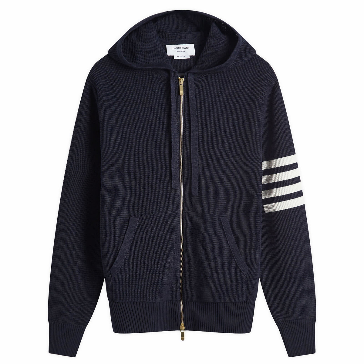 Thom Browne Men's 4 Bar Textured Zip Through Hoodie in Navy Thom