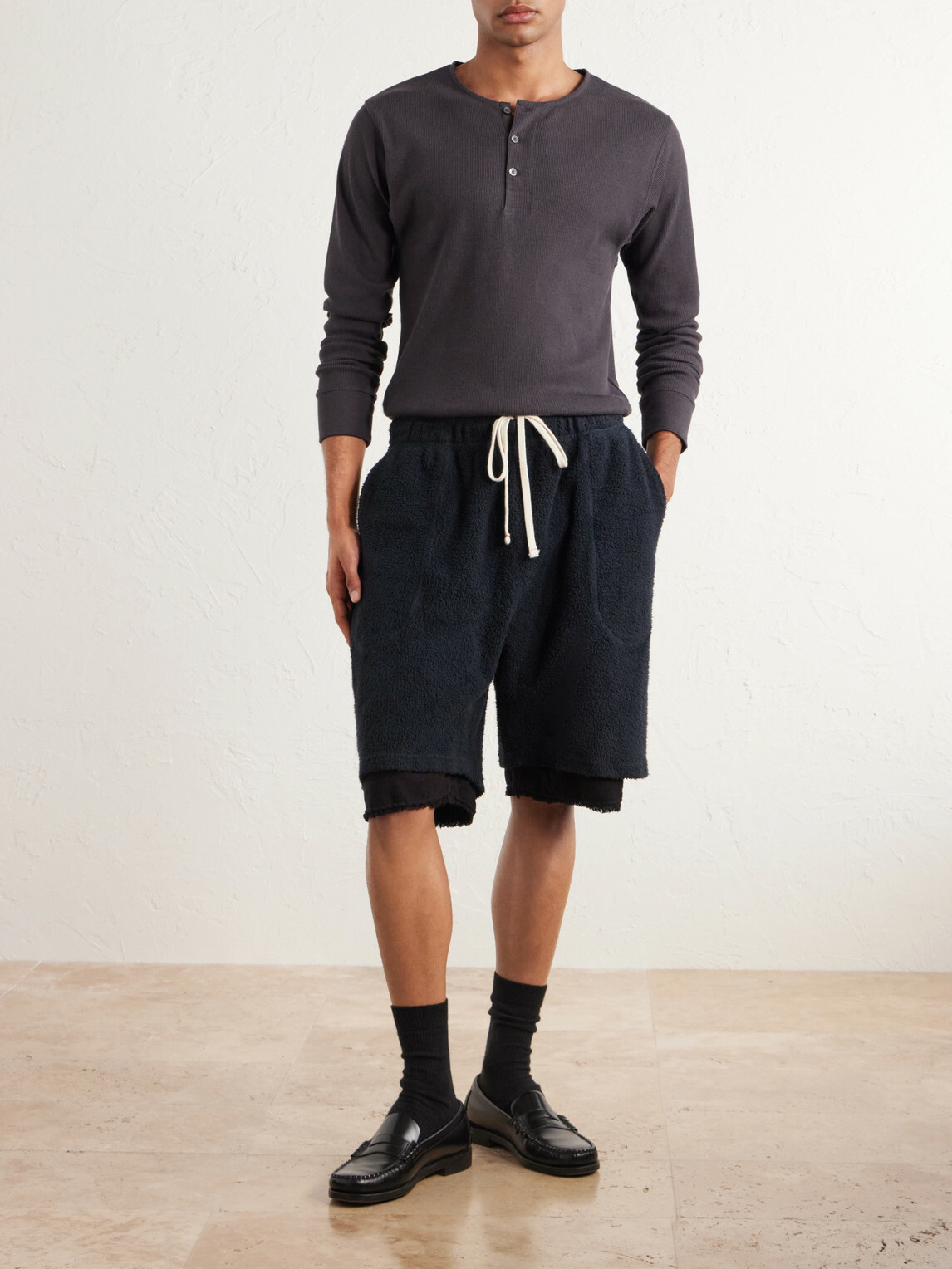 Les Tien - Straight-Leg Cotton-Fleece Drawstring Shorts - Black